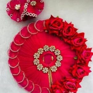Thakur Ji Traditional Lotus Style Red with Rose Pattern Designer Fancy Net Dress for Laddu Gopal Murti/Bal Gopal Idol (5 inch, Size 1)